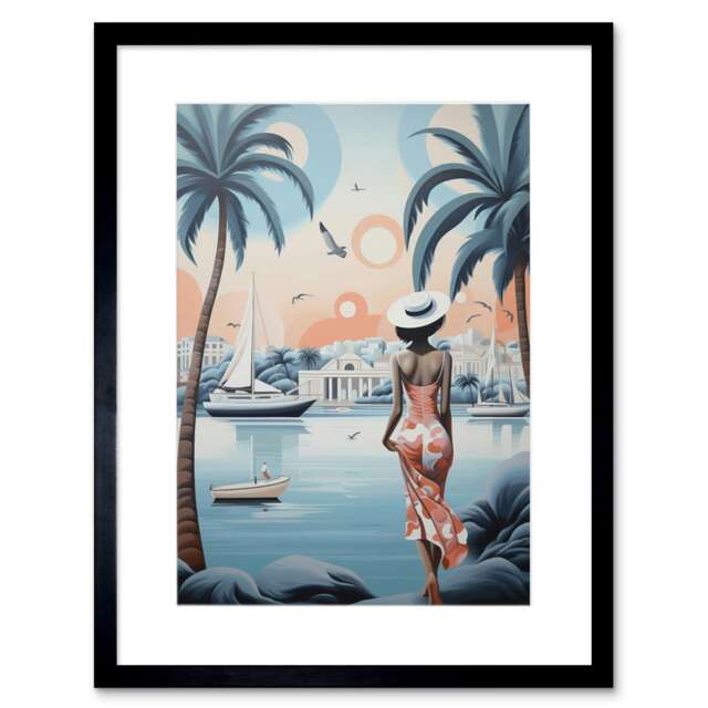 "French Riviera Palm Tree Boats Coastal Landscape 9x7"" Black Framed Wall Art Print"
