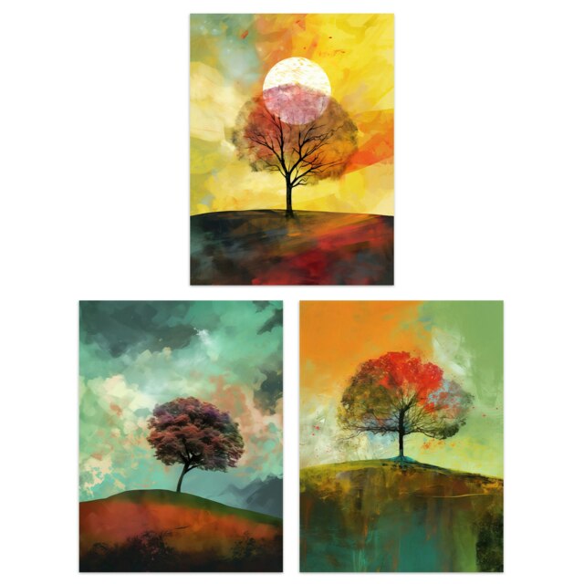 Set of 3 Lone Tree Paintings Sunset Nature Landscape Wall Art Prints 12x16 Inch