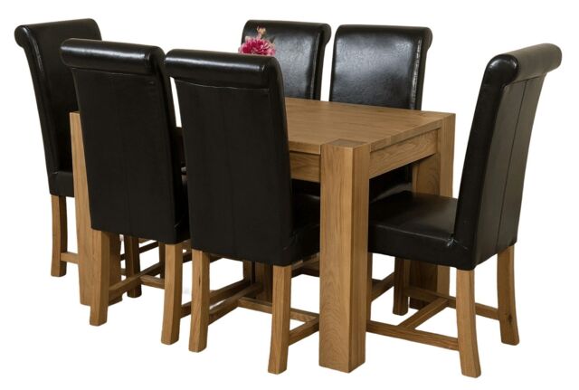 Kuba 125x80cm Chunky Oak Small Dining Table and 6 Washington Leather Chairs Black Black
