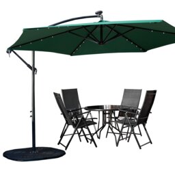 Outdoor 4 Person Round Glass Top Garden Dining Table Chairs With Green Banana Lit Parasol and Base Set