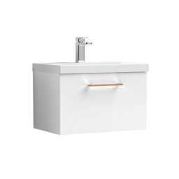 Balterley Wall Hung Bathroom 1 Drawer Vanity Unit and 1 Tap Hole Ceramic Basin, with Handle White Gloss White