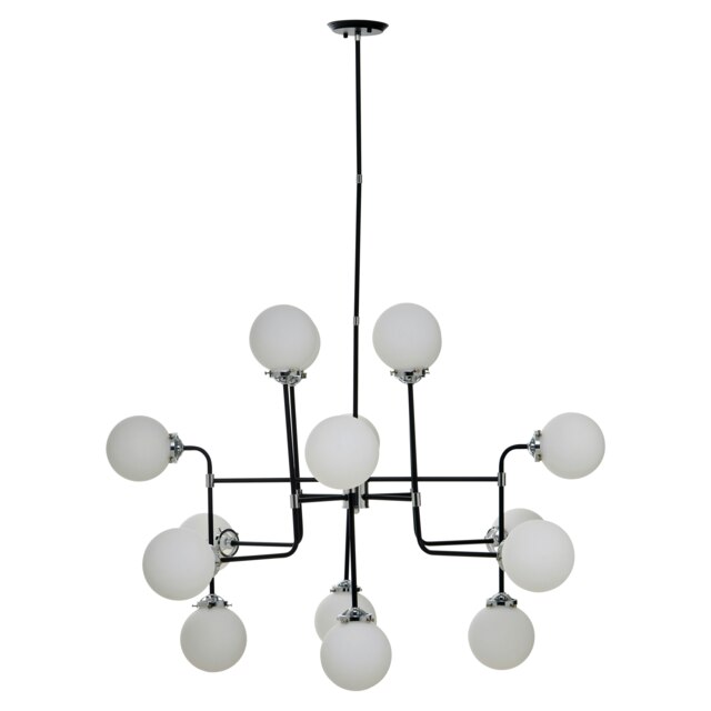 Orsina Black and Chrome 16 Arm Pendant Light, Modern Spherical Glass Ceiling Fixture, Head Design with White Shades