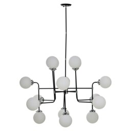 Orsina Black and Chrome 16 Arm Pendant Light, Modern Spherical Glass Ceiling Fixture, Head Design with White Shades