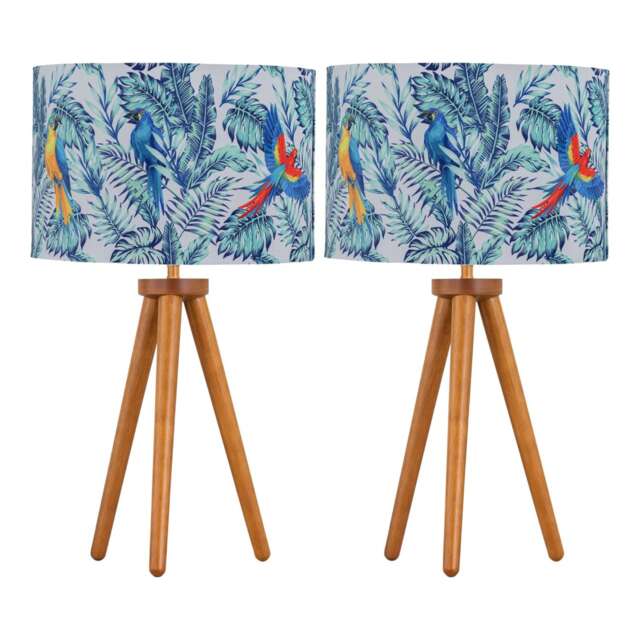 Set of 2 Dark Oak Table Lamp or Bedside Lights with Parrot Shades Brown Multi Large 2