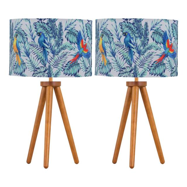 Set of 2 Dark Oak Table Lamp or Bedside Lights with Parrot Shades Brown Multi Large 2