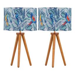 Set of 2 Dark Oak Table Lamp or Bedside Lights with Parrot Shades Brown Multi Large 2