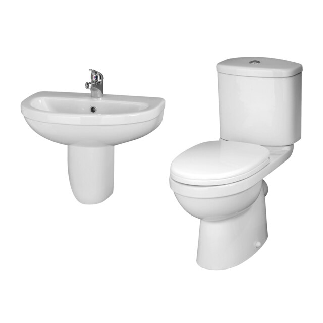 Vito Ceramic Bathroom Bundle - Toilet Pan with Cistern & Soft Close Seat, 550mm 1 Tap Hole Basin & Semi Pedestal - Balterley