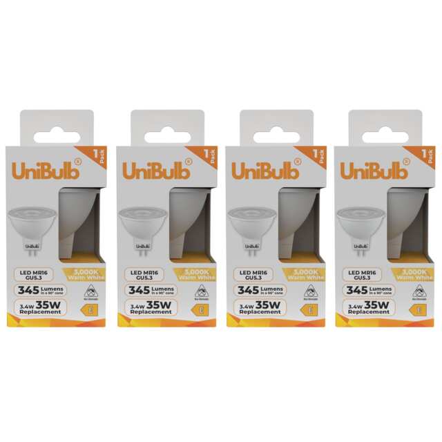 UniBulb LED MR16 GU5.3 345lm 3.4W (Replaces 35W) 3000K (Warm White) Spot Downlight Ceiling Light Bulb - Pack of 4 Clear Warm White 4