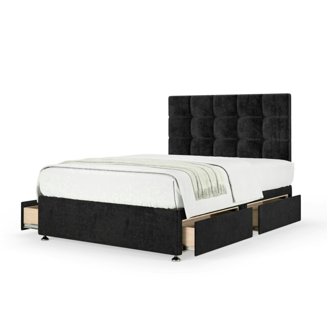 Neptune Spring Black Naples Velvet 4 Drawer Divan Set And Pearl Headboard King Size