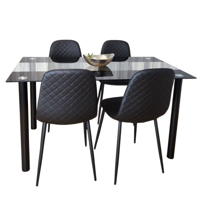 Dining Table and 4 Chairs Black Glass 4 Faux Leather Black Chairs Dining Room Furniture