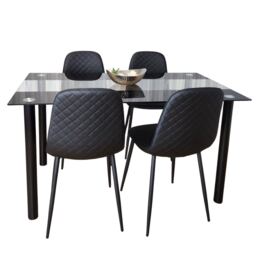 Dining Table and 4 Chairs Black Glass 4 Faux Leather Black Chairs Dining Room Furniture
