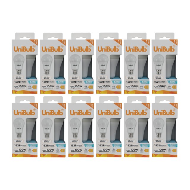 UniBulb LED GLS B22 Bayonet Cap (BC) 1521lm 12.6W (Replaces 100W) 6500K (Daylight) Light Bulb - Pack of 12