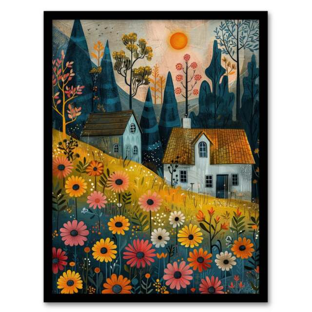 Countryside Spring Hill House Daisy Flowers Black Framed Wall Art Print A4