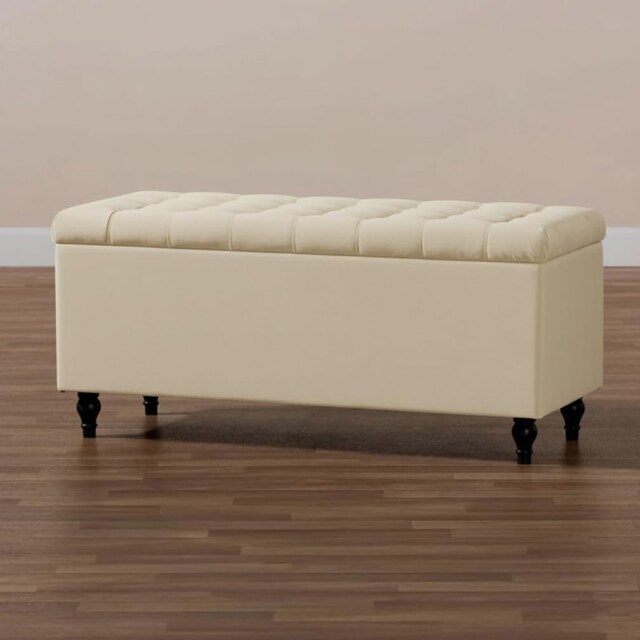 120cm Cubed Ottoman Storage Box,Cream Velvet Upholstered Chesterfield Storage Ottoman Box with Wooden Legs