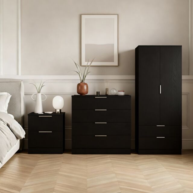 Vida Designs Trega 3 Piece Bedroom Set (2 Drawer Bedside Chest, 4 Drawer Chest, 2 Door 2 Drawer Wardrobe) Black