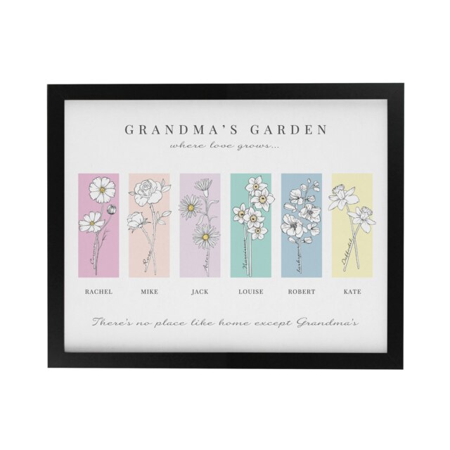 Personalised Birth Flower Family of 6 Black Framed Print Black One Size