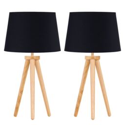 Set of 2 Light Oak Table Lamp or Bedside Lights with Black Shades Brown Black Large 2