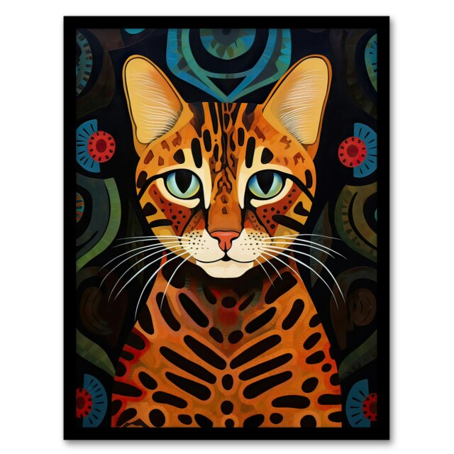 Bengal Cat Lover Gift Portrait Orange Green Black Framed Wall Art Print A4