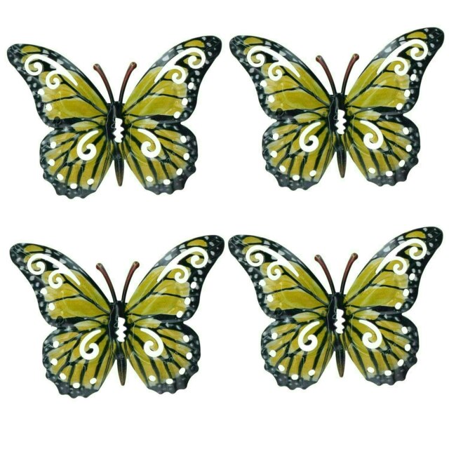 Set of 4 Yellow Small Metal Butterflies Garden/Home Wall Art Ornament