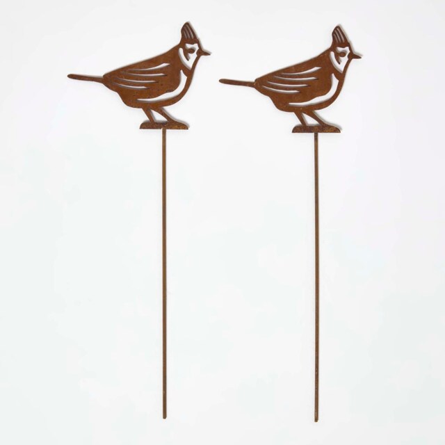 Homescapes Steel Crested Tit Garden Stake Decorations, Set of 2
