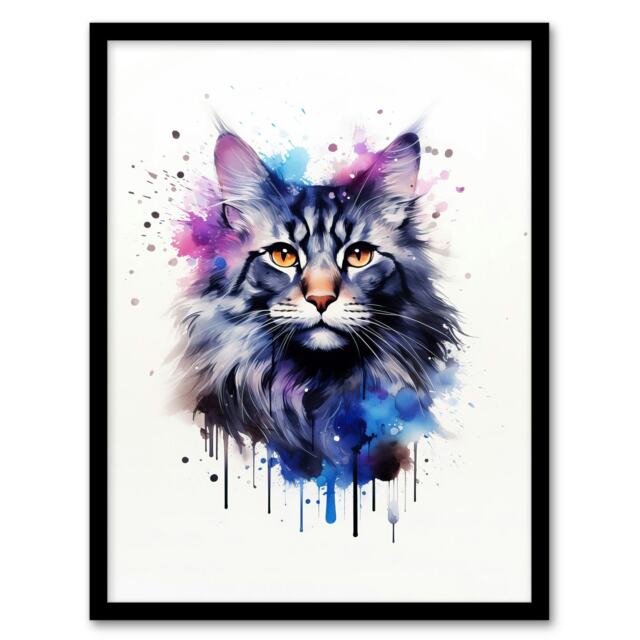 Cat Maine Coon Watercolour Pet Portrait Black Framed Wall Art Print A4