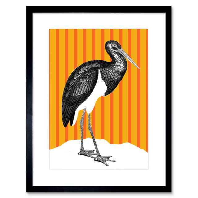 "Stork Bird Orange Stripes Modern Bold Animal 9x7"" Black Framed Wall Art Print"