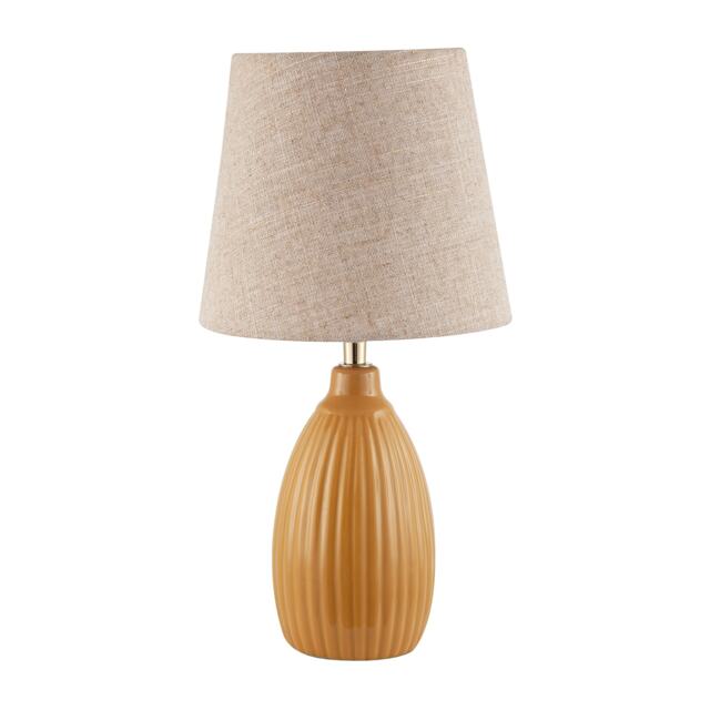 Mustard Etched Lined Ceramic Gloss Table Lamp with Linen Fabric Shade