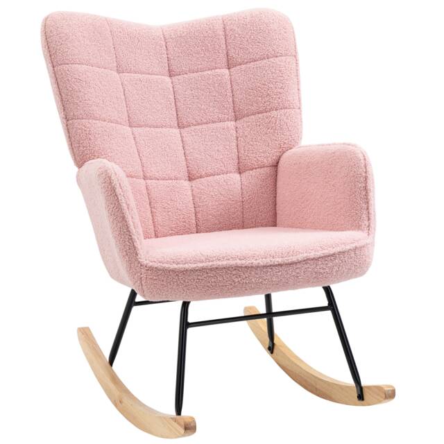 HOMCOM Modern Wingback Glider Rocking Chair for Nursing w/ Steel Frame Pink