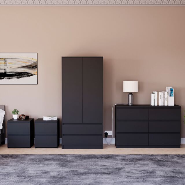 Vida Designs Denver 4 Piece Bedroom Set (2 Drawer Large Bedside Chest x2, 6 Drawer Chest, 2 Door 2 Drawer Wardrobe), Black Black Black L 4
