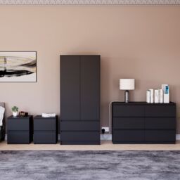 Vida Designs Denver 4 Piece Bedroom Set (2 Drawer Large Bedside Chest x2, 6 Drawer Chest, 2 Door 2 Drawer Wardrobe), Black Black Black L 4