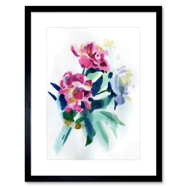"Watercolour Peony Flower Abstract Bouquet 9x7"" Black Framed Wall Art Print"