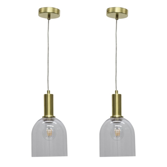 Set of 2 Belten - Clear Glass Cloche Satin Brass Deco Pendant Fittings