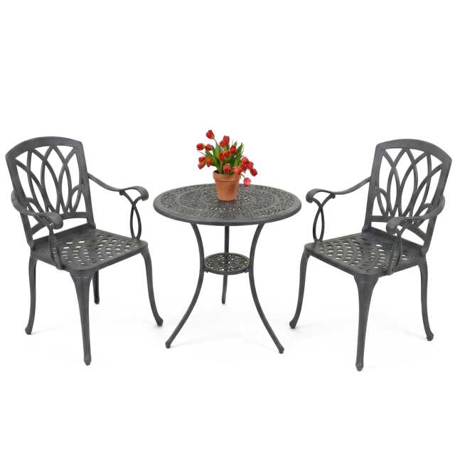 Centurion Supports POSITANO Luxurious Garden and Patio Table and 2 Large Chairs with Armrests Cast Aluminium Bistro Set - Grey