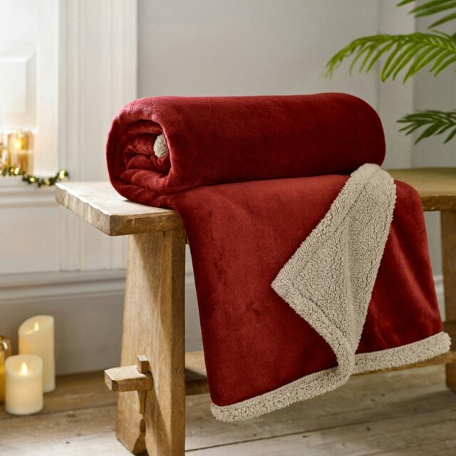 Hazelwood Flannel & Sherpa Throw – 130x170cm Reversible Soft Fleece Blanket Pink Wine 1