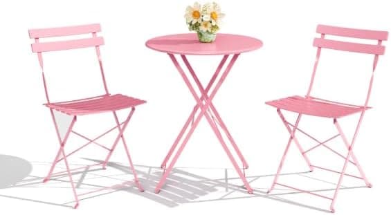 London Boutique Patio Bistro Sets, Furniture Set, 3-Piece Folding Table and Chairs, Heavy-Duty Steel, Compact Outdoor Furniture for Small Spaces, Balcony, Porch, Garden, Patio, UV Resistant Outdoor Chairs, Pink