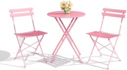 London Boutique Patio Bistro Sets, Furniture Set, 3-Piece Folding Table and Chairs, Heavy-Duty Steel, Compact Outdoor Furniture for Small Spaces, Balcony, Porch, Garden, Patio, UV Resistant Outdoor Chairs, Pink