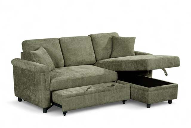 Woven Chenille Green 2C1 Corner Sofabed with Chaise OSCAR