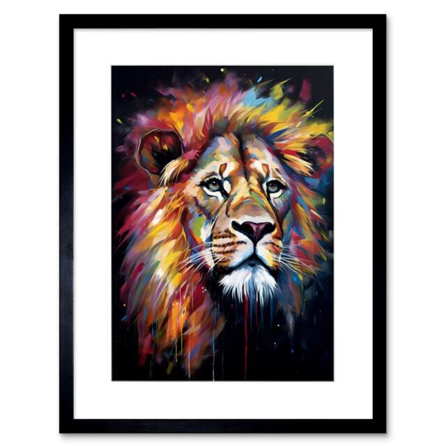 "Lion Head Rainbow Colour Mane Hair Vibrant Portrait 9x7"" Black Framed Wall Art Print"