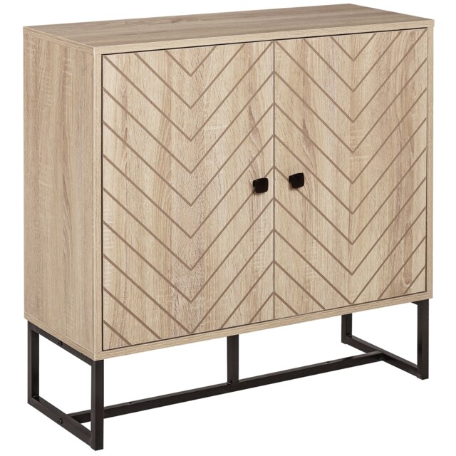 HOMCOM Modern Storage Cabinet with Chevron Doors and Metal Base, Freestanding Sideboard with Adjustable Shelf for Living Room, Natural