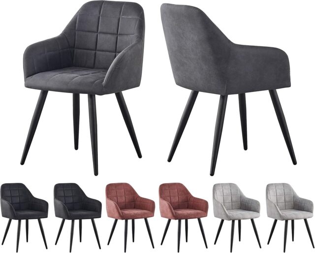 Set of 2 Faux Suede Leather Dining Chairs with Arms Adrian Dark Grey