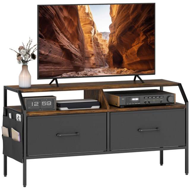 HOMCOM TV Stand Cabinet, TV Unit for 55-inch TVs with 2 Foldable Fabric Drawers, 5 Divided Side Pockets, Open Shelves, Console Table for Living Room, Bedroom, Entertainment Room, Rustic Brown Brown