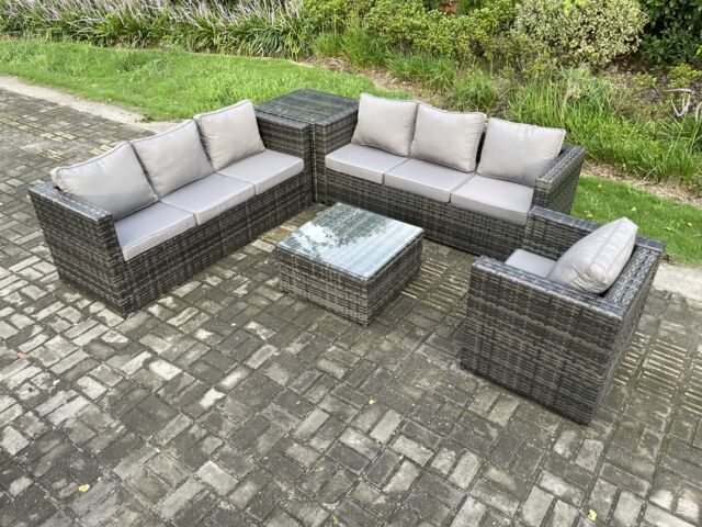 Fimous Rattan Garden Furniture Sofa Set with Armchair Square Coffee Table Side Table Indoor Outdoor 7 Seater Rattan Set Dark Grey Mixed