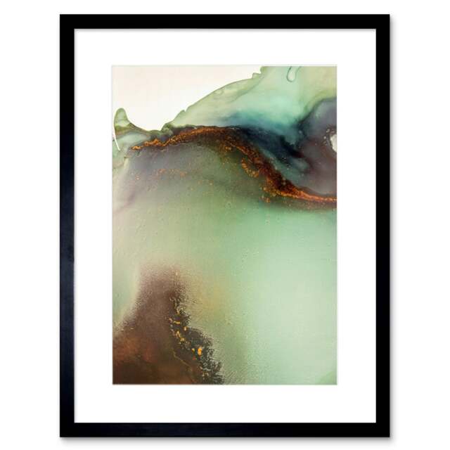 "Abstract Landscape Green Gold Fluid Paint 9x7"" Black Framed Wall Art Print"