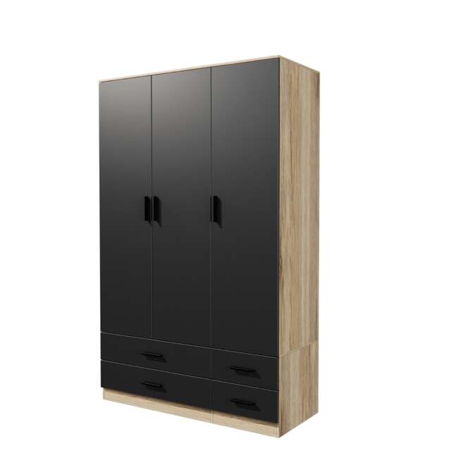 3 Door 4 Drawer Wardrobe With Hanging Rail And Storage Shelf Brown Oak Carcass & Black Door 1