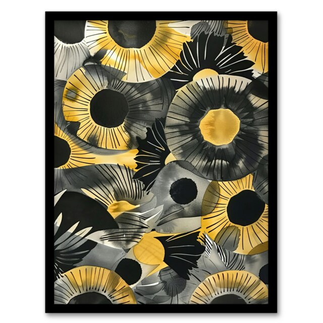 Abstract Yellow Sunflowers Watercolour Black Framed Wall Art Print A4