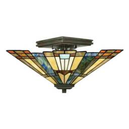 Inglenook 2 Light Tiffany Semi Flush Ceiling Light Bronze, E27