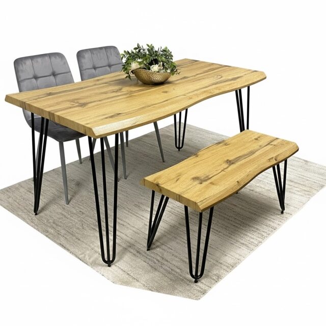 Brown Wooden Dining Table, Bench with 2 Grey Chairs - Dining Kitchen Room Furniture
