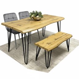 Brown Wooden Dining Table, Bench with 2 Grey Chairs - Dining Kitchen Room Furniture