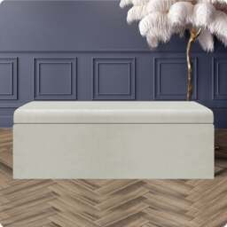 150cm Large Plain Safar Storage Ottoman Box, Cream Plush Velvet Upholstered Deep Storage Ottoman End of Bed Bench