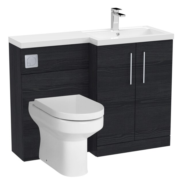 Level Bathroom Bundle Floor Standing Vanity Basin and WC Unit with Pan, Seat and Cistern - Right Hand - Charcoal Black Woodgrain Black